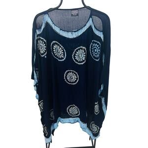 Highness Namaste Boho Kaftan Tunic Top One Size Blue Batik Mandala Embroidered